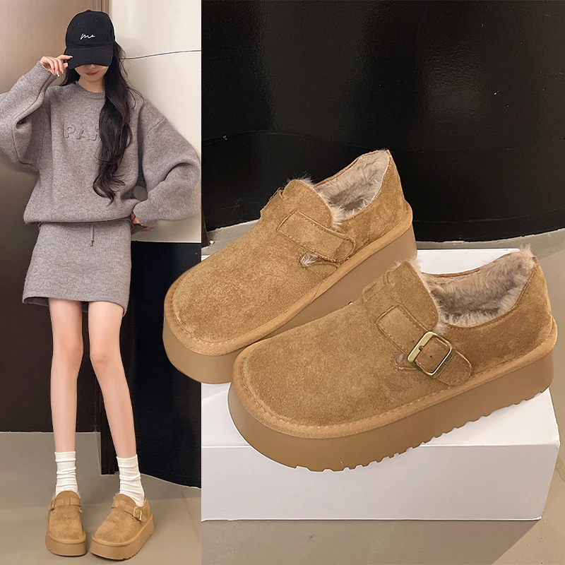 2025新款冬季厚底增高勃肯鞋女鞋毛毛鞋雪地靴乐福鞋加绒保暖棉鞋