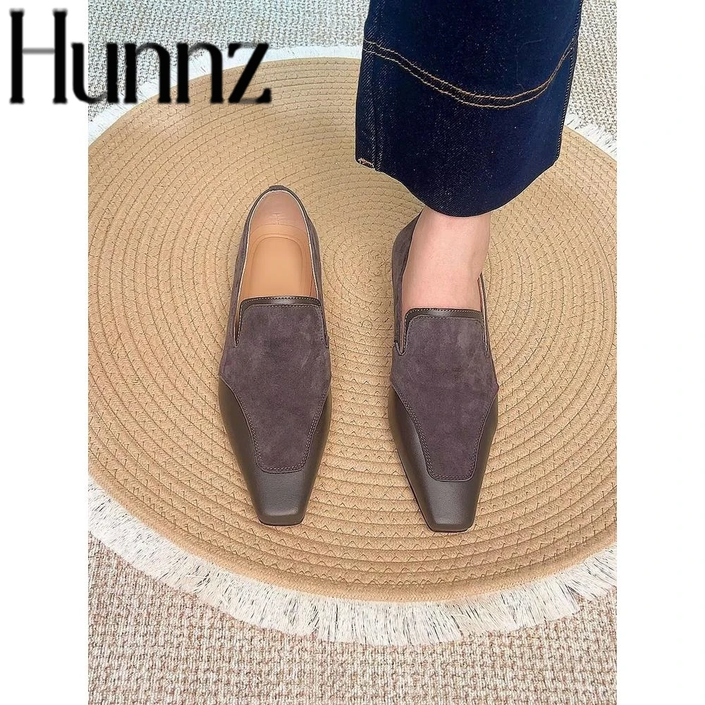 hunnz低跟2.5cm法式复古方头拼接乐福鞋女一脚蹬懒人单鞋