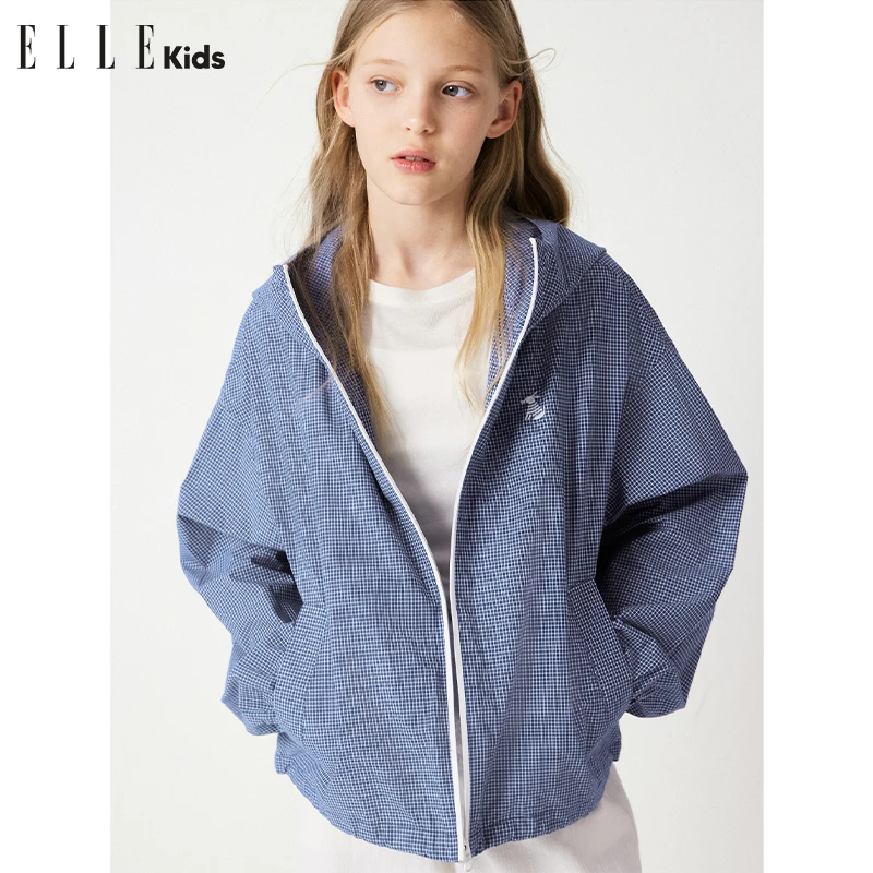 ELLEkids童装 小狗绣花格纹连帽外套女童春季新款宽松休闲上衣S2