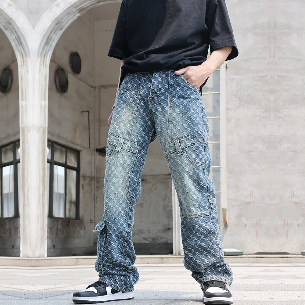 THIS WOW美式复古潮牌工装提花直筒裤机车裤多口袋宽松直筒牛仔裤