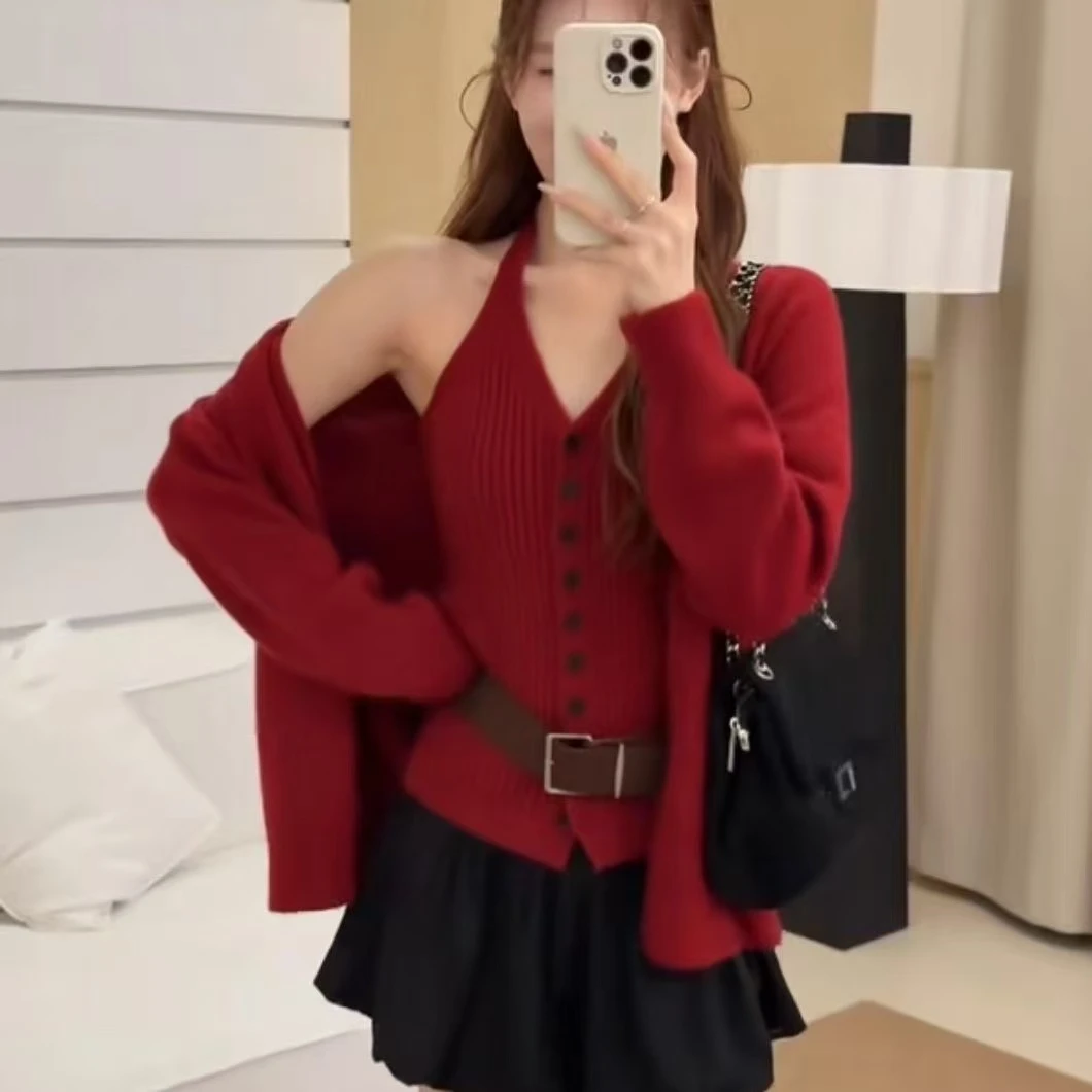 2025秋季新款吊带背心+针织开衫两件套女韩版洋气百搭显瘦上衣服