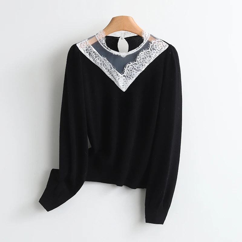 【伍莎-自营】拼接蕾丝气质圆领百搭毛衫#UPY48M121