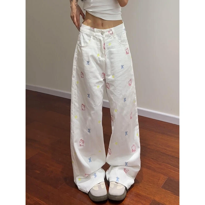 微胖mm白色kitty猫咪刺绣高腰牛仔裤女夏季新款宽松显瘦直筒长裤