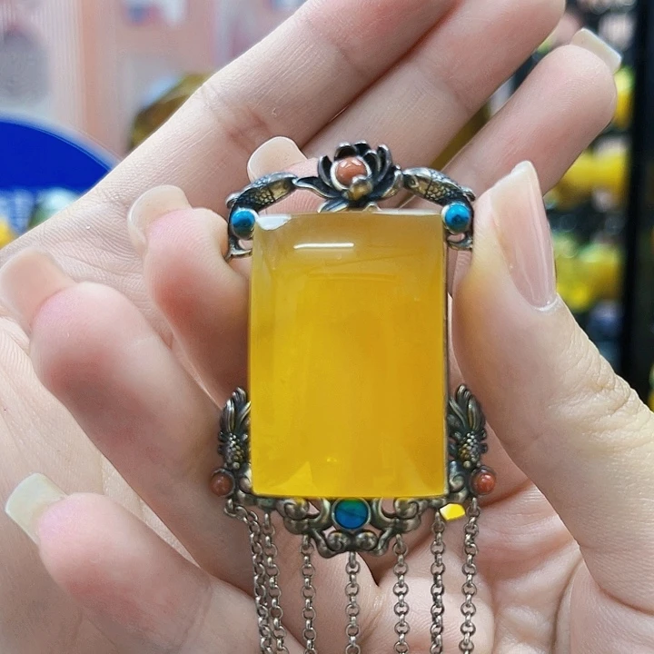 蜜蜡银S925镶嵌裸石吊坠