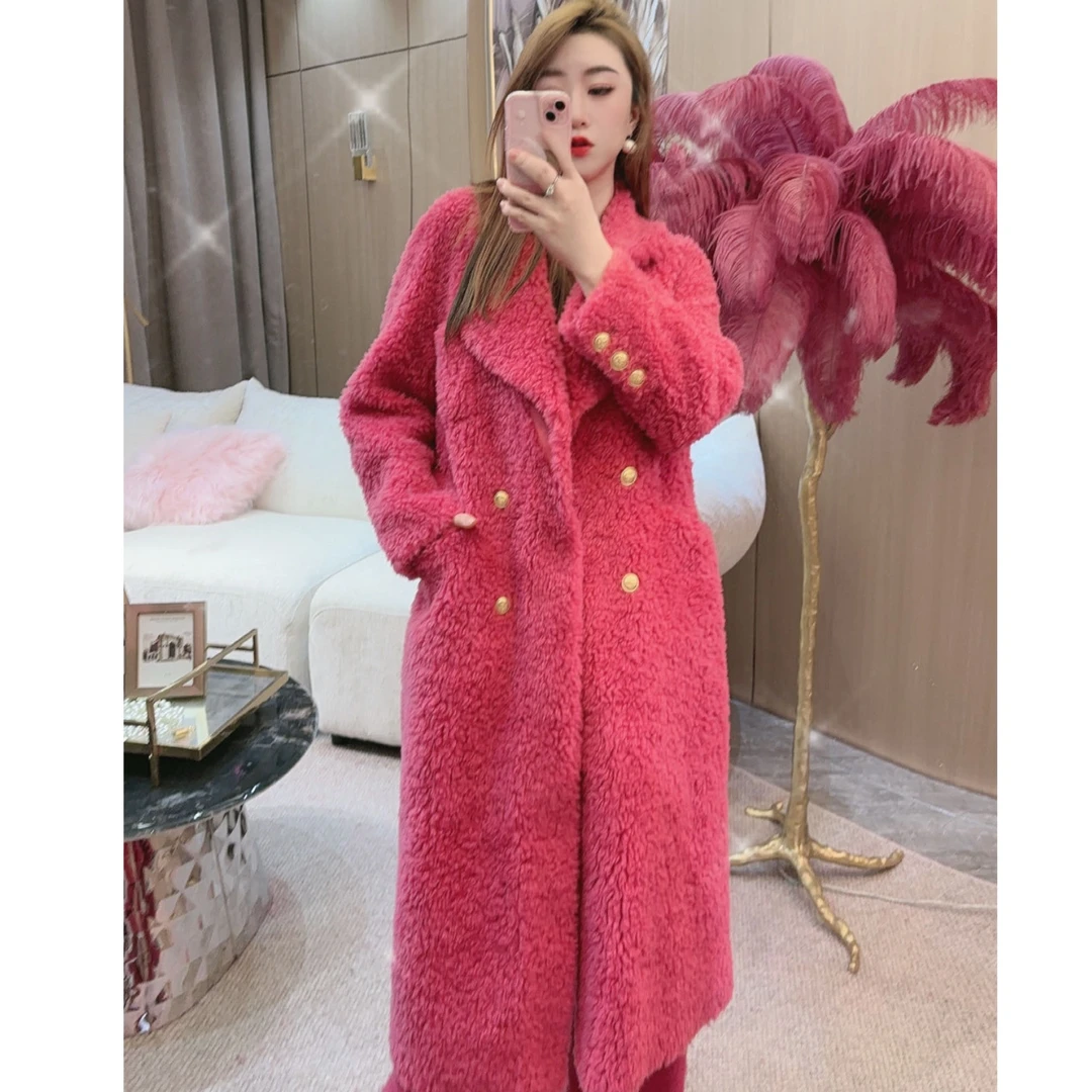 独宠【米兰女郎】高级尚气质显瘦网红翻领金扣长款羊羔毛毛呢外套