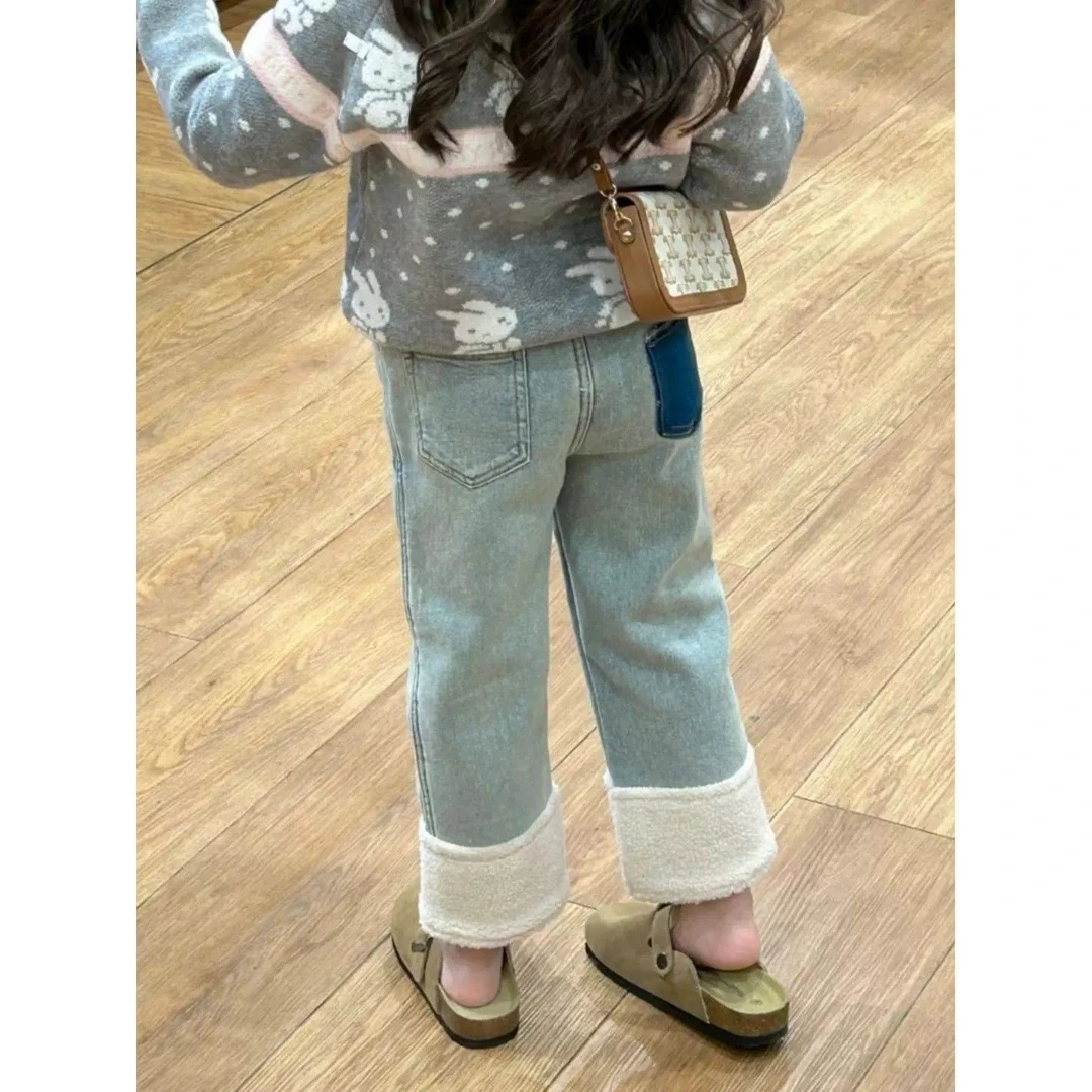 女童春秋牛仔裤一体绒直筒宽松薄绒羊羔毛拼接休闲裤春装儿童裤子