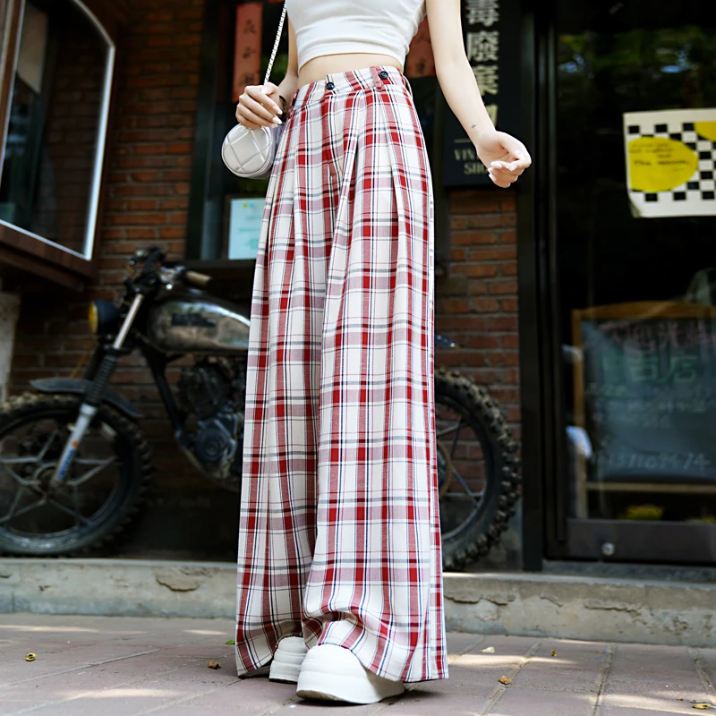 多巴胺红色格子阔腿休闲裤女夏季薄款韩系宽松慵懒风裤子垂感直筒