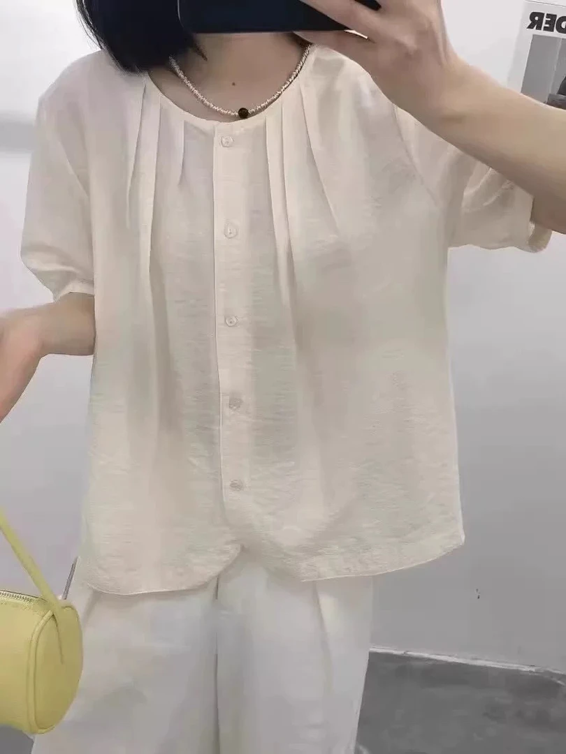 3050纯色圆领短袖衬衫女夏季新款宽松显瘦小个子洋气设计感小衫