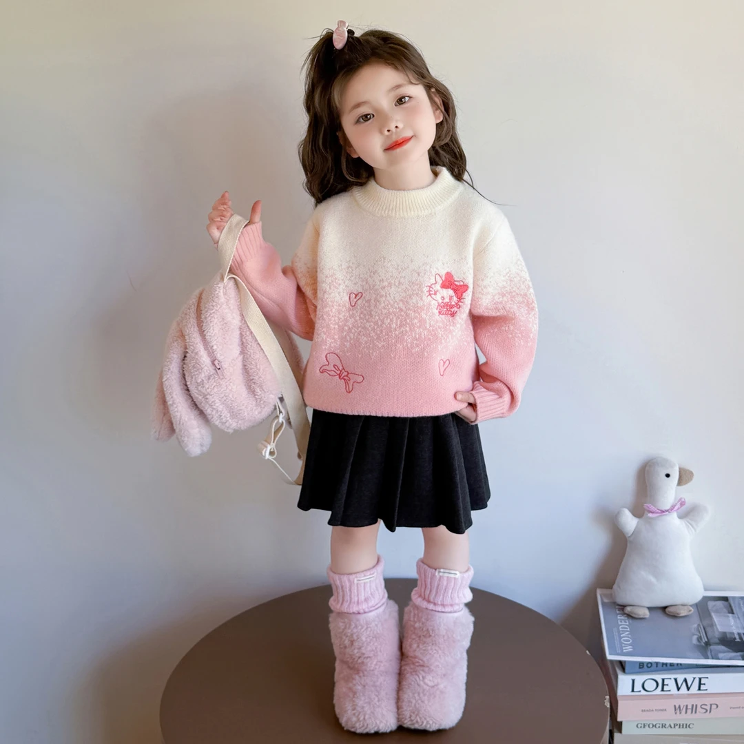 女童卡通风KT猫常规休闲风儿童公主风渐变毛衣加绒加厚款圆领长袖