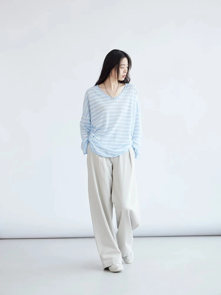 松弛感row风！ 条纹宽松汤勺领长袖针织防晒T恤女