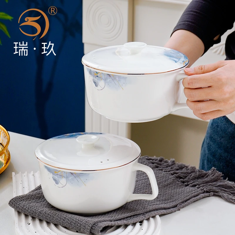 唐山骨瓷泡面碗带盖带手柄家用保鲜碗方便面碗汤碗可微波打饭碗