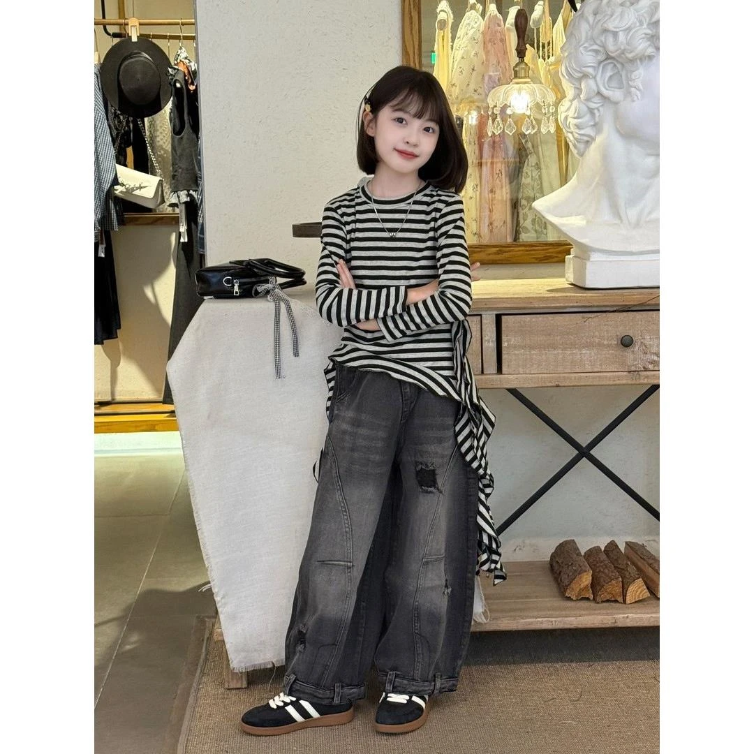女童斜肩条纹衫破洞猫须喷色重工艺牛仔裤2025春秋阔腿裤韩版潮童