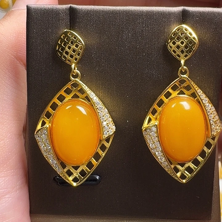 蜜蜡银S925镶嵌耳饰耳坠