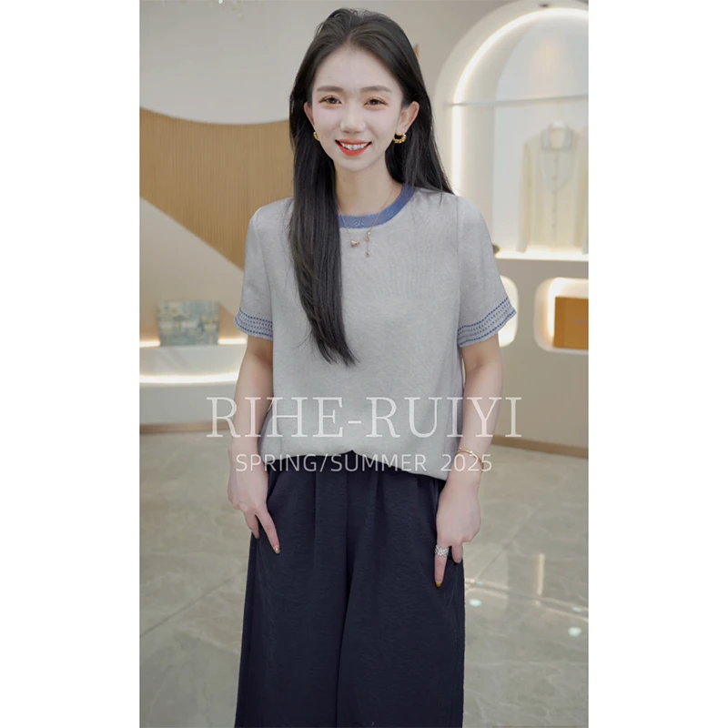 R H  【灰蓝撞色】重磅双乔桑蚕丝T恤女圆领显瘦百搭时尚休闲1907 R