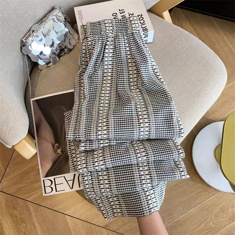 【慵懒松弛感】慵懒风小众设计感拼接格纹遮肉显瘦阔腿裤HJ6124