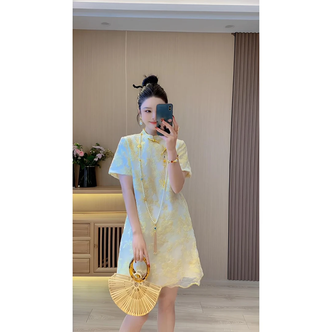 Tian-1 夏季新款时尚气质国风提花复古洋气显瘦新中式碎花连衣裙