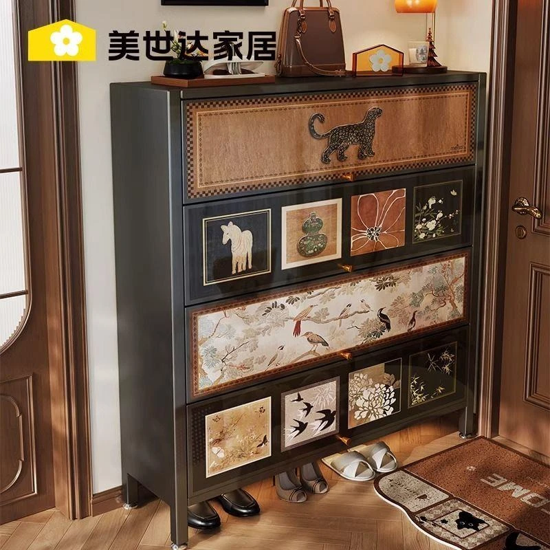 美世达钢制鞋柜家用门口入户玄关靠墙中古风收纳储物柜一体二合一