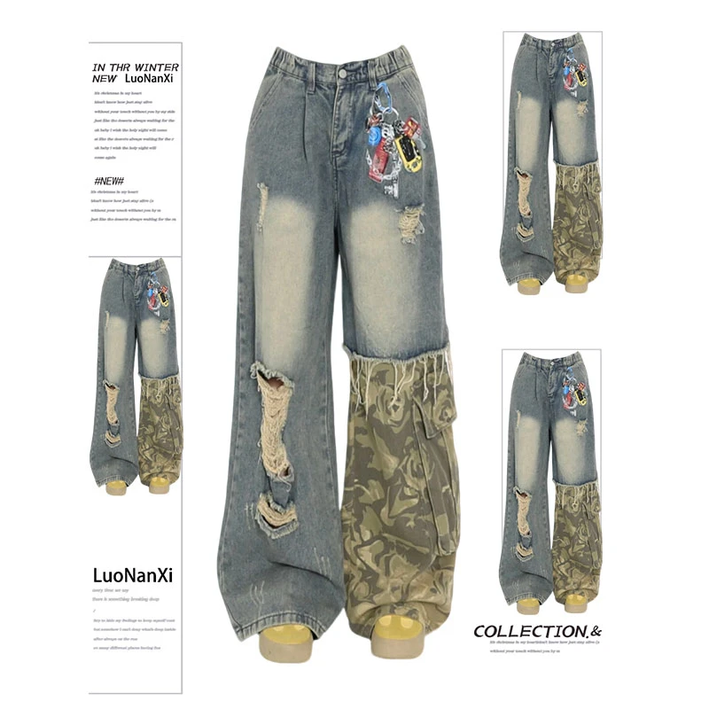 美式复古拼接破洞牛仔裤女秋季特大码胖mm宽松显瘦设计感阔腿长裤