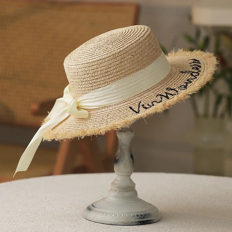 拉菲草帽字母女夏季复古草编遮阳帽出游户外百搭韩版太阳帽韩版