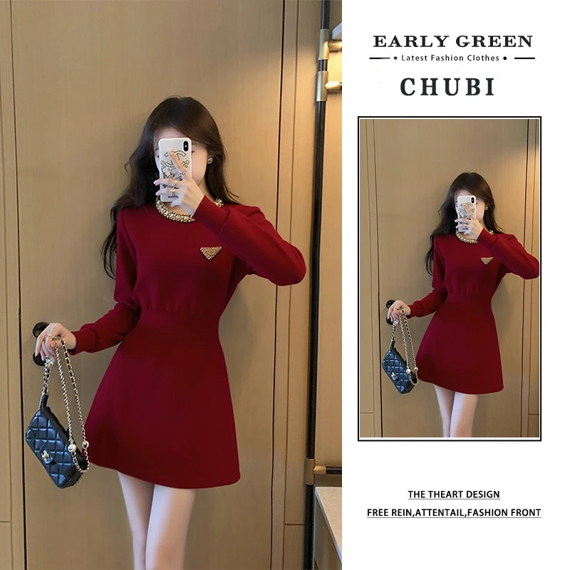 法式小香风红色长袖连衣裙女2025新款爆款秋季轻熟风气质收腰短裙