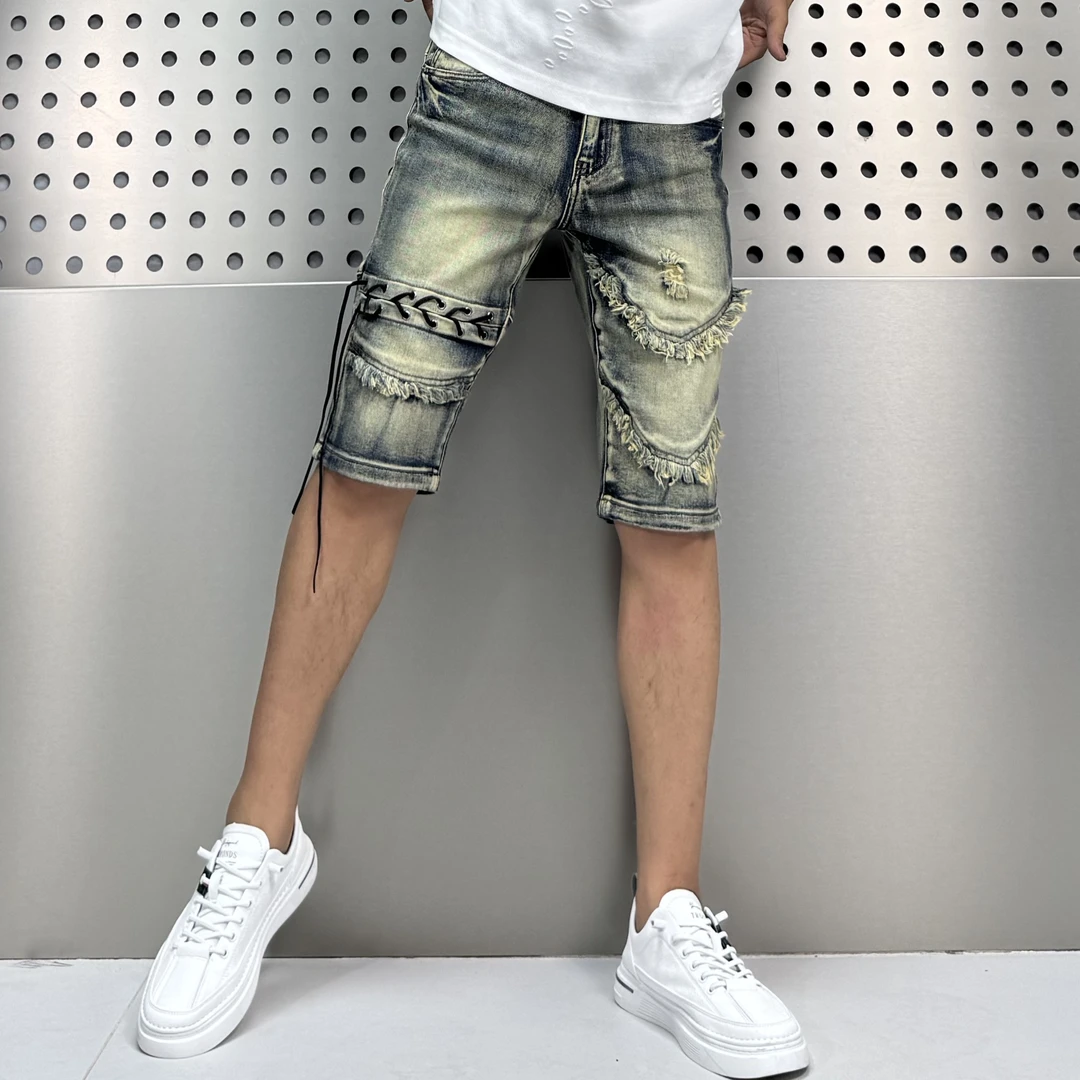 中腰夏季拼接男士微弹磨边中裤牛仔裤百搭时尚韩版痞帅短裤