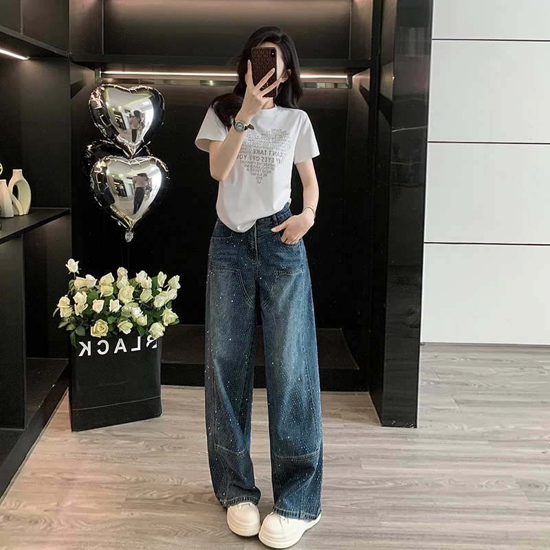 欧洲站白色t恤女烫钻正肩短袖上衣美式复古满天星烫钻直筒牛仔裤