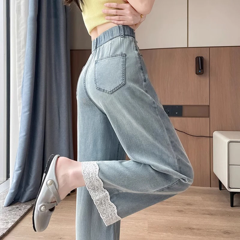 天丝花边直筒牛仔裤女2025夏季薄款蕾丝垂感显瘦小个子阔腿空调裤