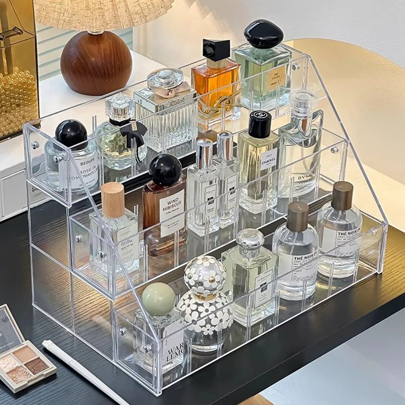 桌面香水置物架梳妆台化妆品收纳盒亚克力多层彩妆透明阶梯展示架
