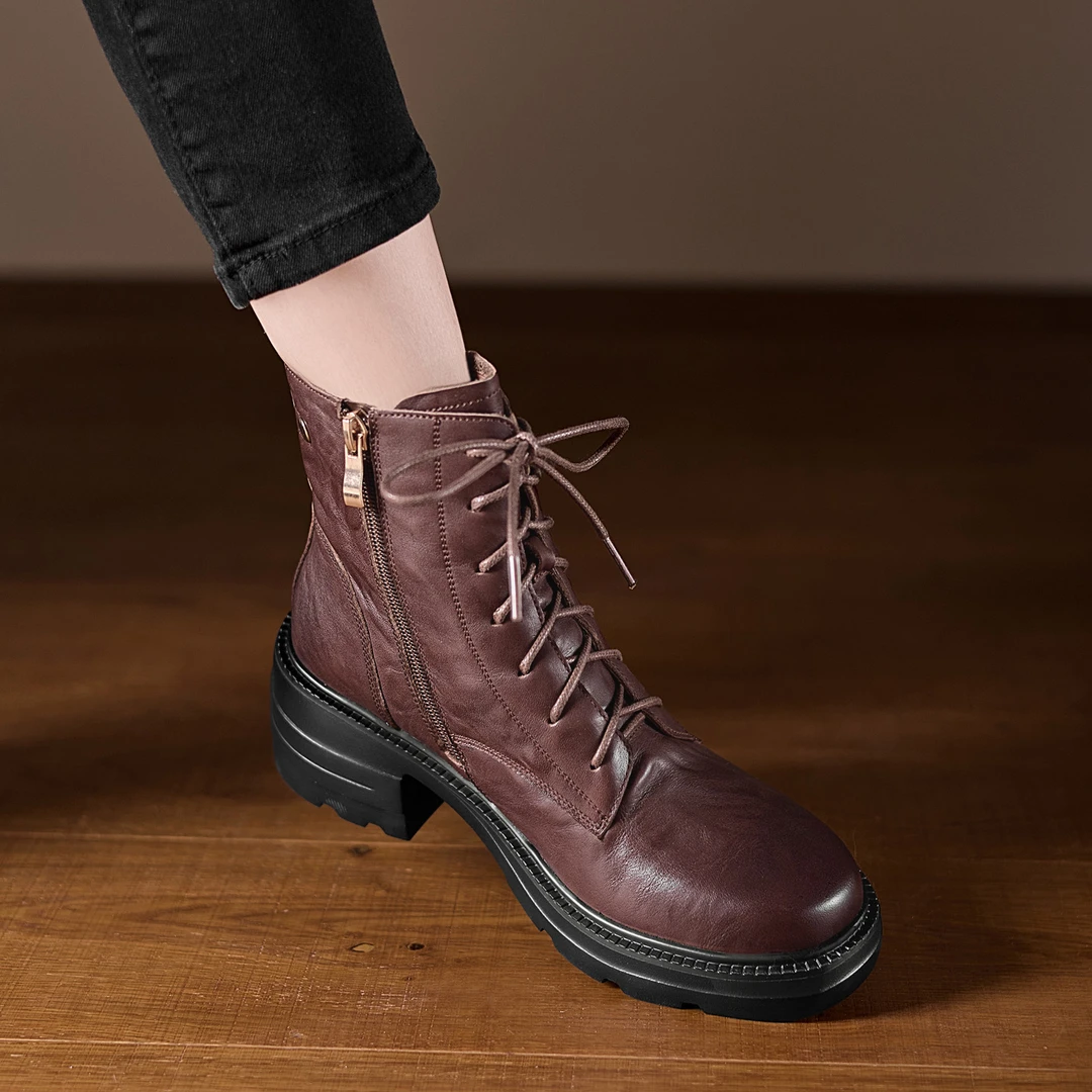 5.5cm小个子久穿不累脚厚底马丁靴手抓牛皮短靴系带侧拉链机车靴