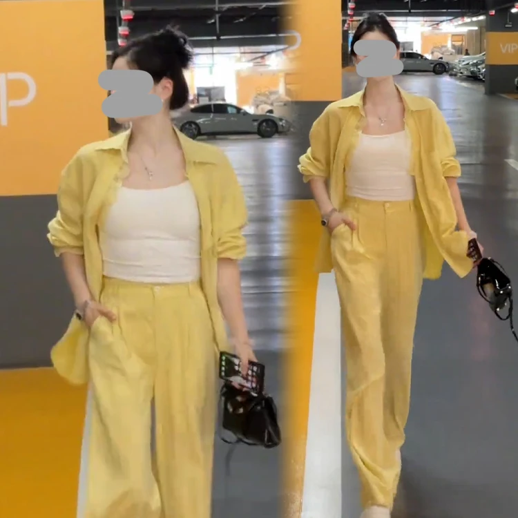 2025年夏季一整套韩系高级感减龄宽松防晒衬衫阔腿裤时尚两件套女