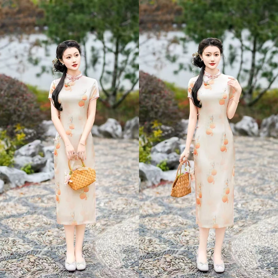 [柿柿如意]夏季新中式复古送考改良旗袍少女气质缎面印花日常可穿