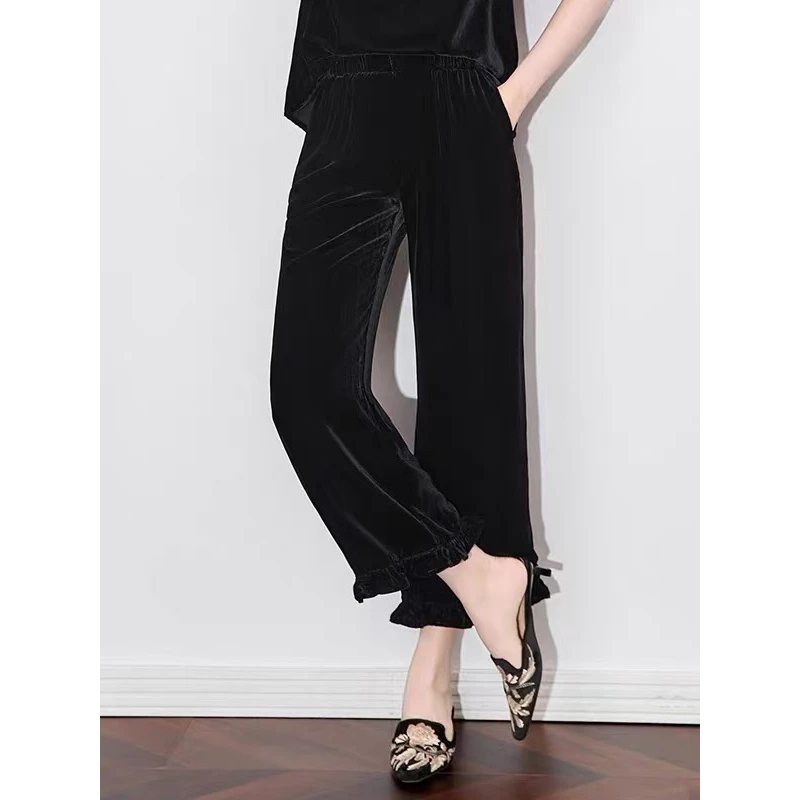 KIKI严选：98093-YUNSHI家欧货南油夏季荷叶边气质丝绒长裤休闲裤