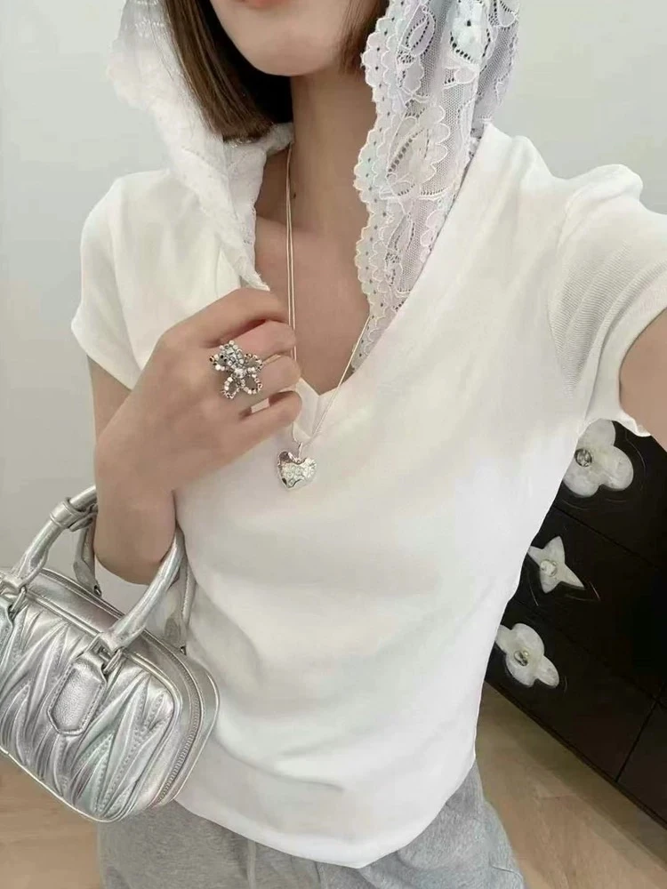欧货蕾丝连帽T恤女短袖2025夏季新款百搭甜美帽衫修身V领上衣