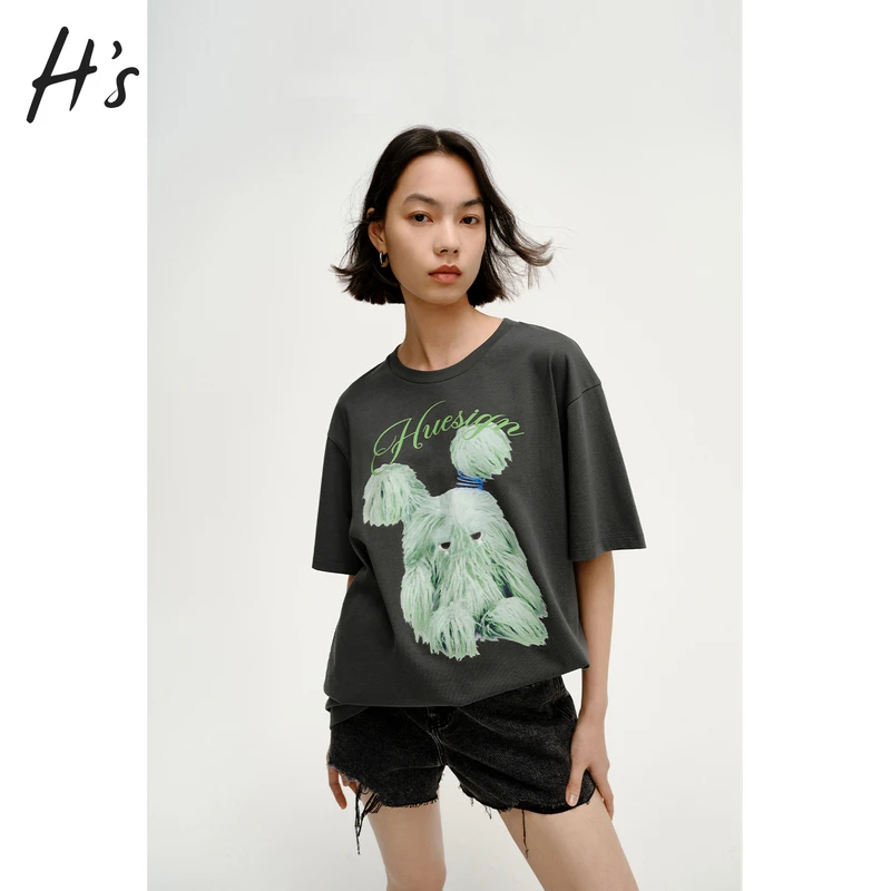 HS灰色印花毛仔T恤女夏季新款高级设计感复古街头风修身短袖上衣