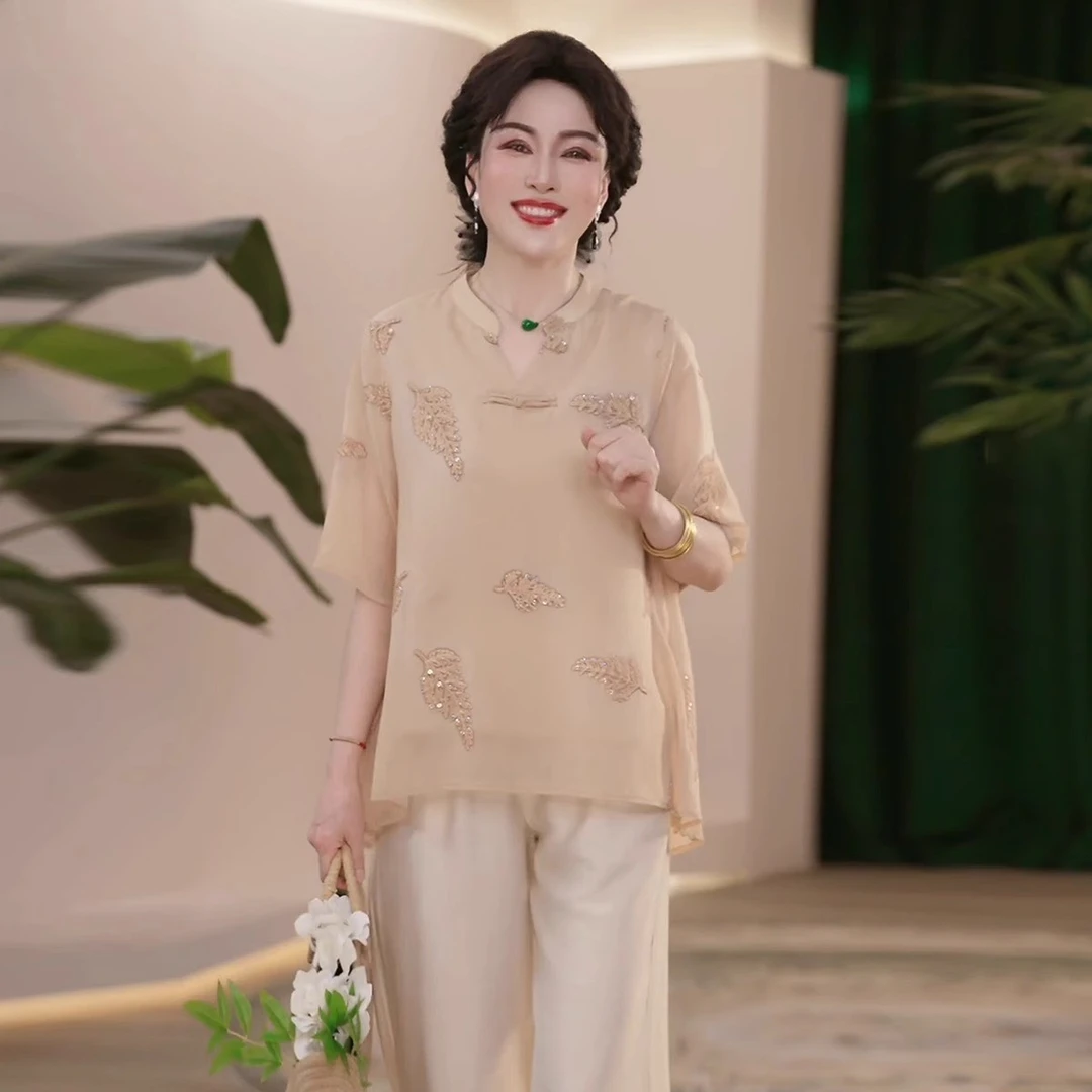 妈妈装2025春夏新款中国风上衣洋气V领衬衫中年女装宽松小衫套装