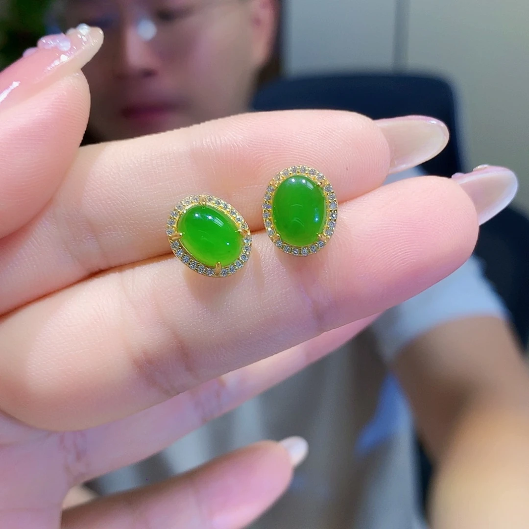 银S925镀金镶嵌和田玉（碧玉）耳饰