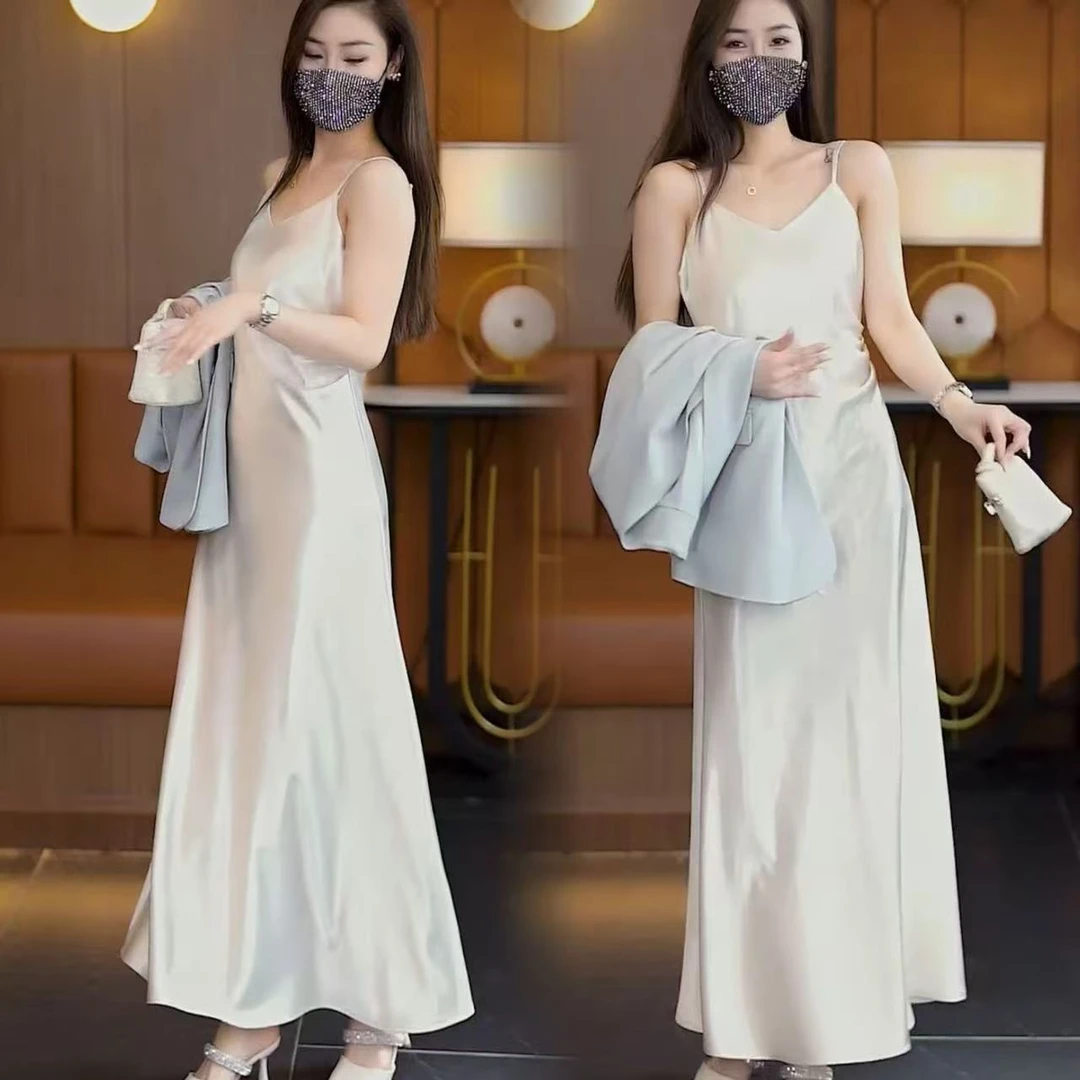 【莹华璀璨】春夏新款侧捏褶连身裙A字裙时尚名媛风吊带连衣裙长裙