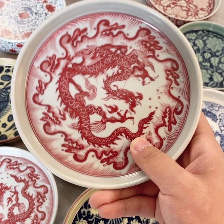 瓷片釉里红腾龙四海壶承