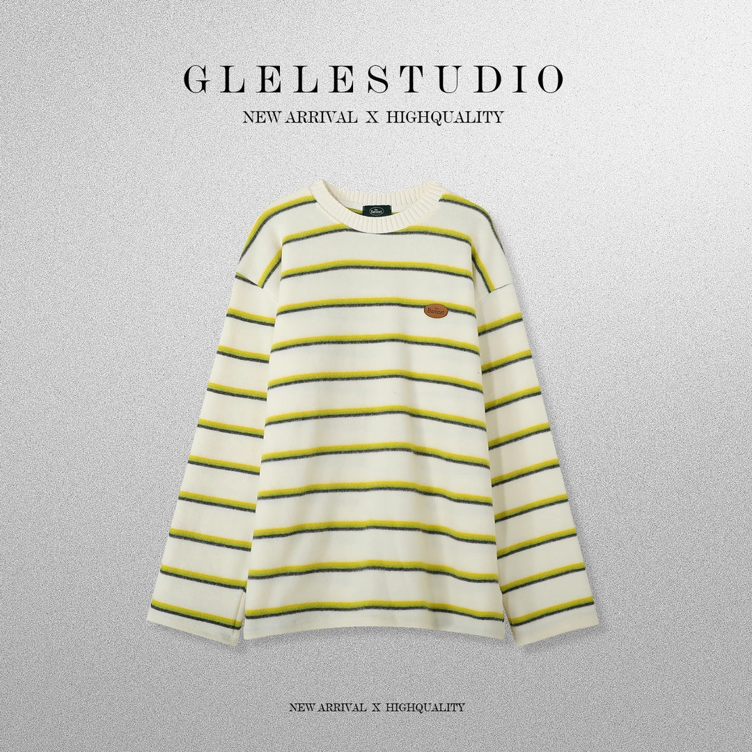 Glele私服「杂志打底」双面抓毛条纹撞色卫宽松显瘦圆领打底