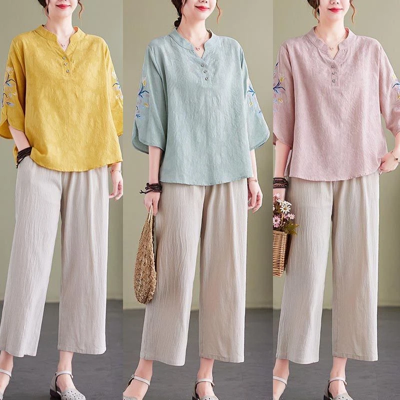 中老年妈妈夏季棉麻短袖洋气减龄时尚休闲套装