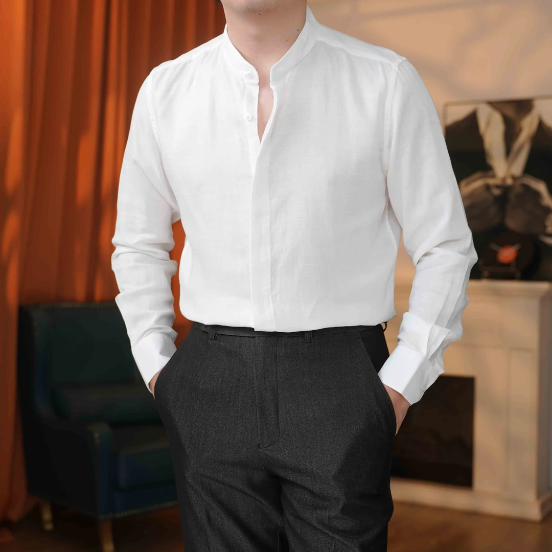 亚麻莱赛尔进口面料夏季长袖商务休闲衬衫男立领新中式纯色中国风