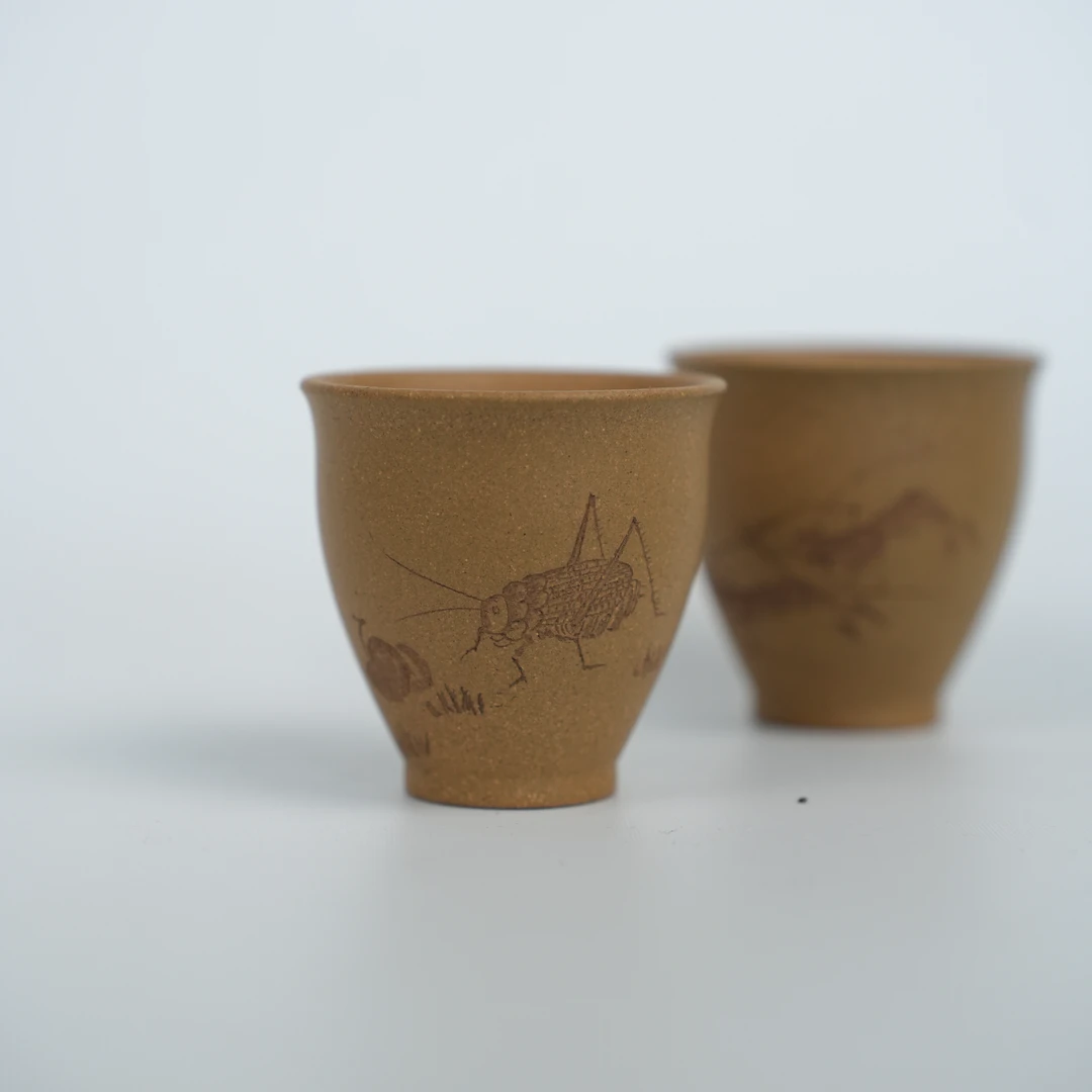 木隐砂堂 主人杯 缎泥 60cc 刻绘 虾趣 蝈蝈 茶器 茶具 茶杯 原创