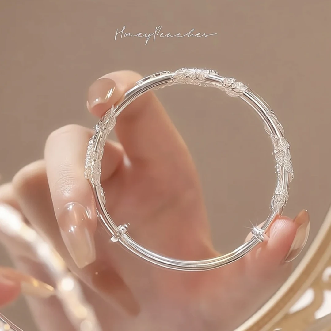 足银手镯 【502】高端新款足银繁花似锦手镯女实心推拉镯子