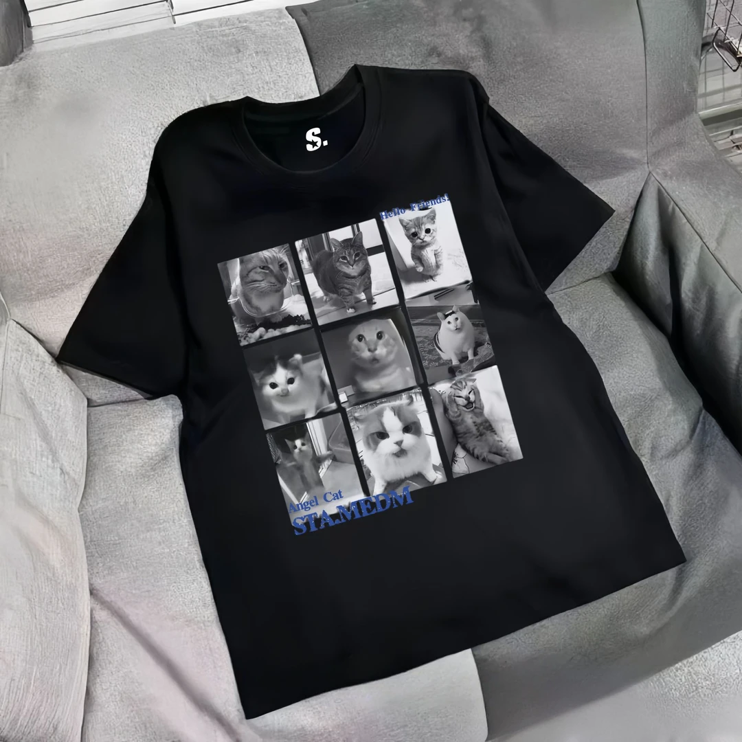 STAMEDM九宫格小猫印花纯棉短袖T恤男女潮牌宽松情侣百搭纯棉体恤
