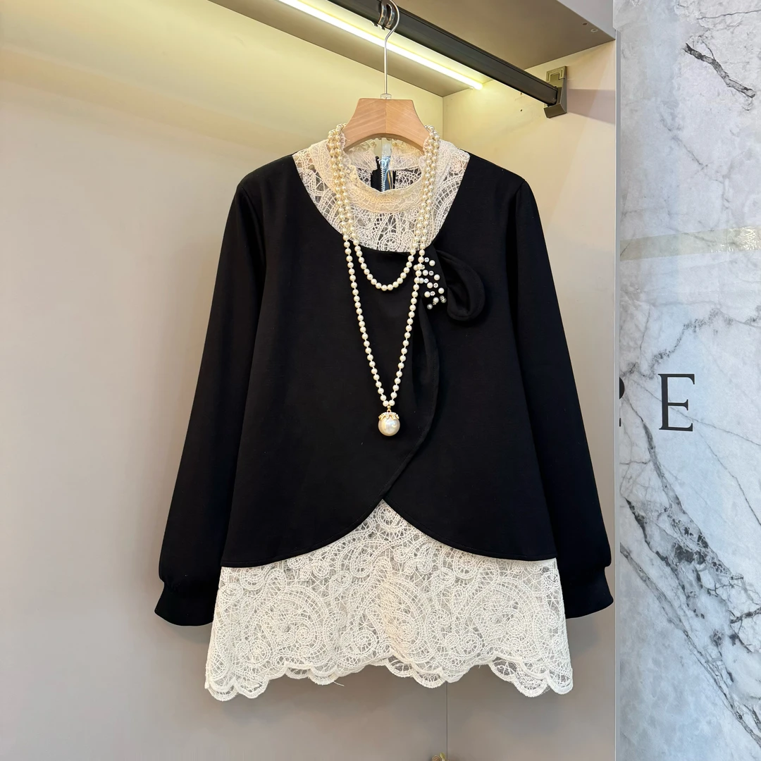 精致时尚假两件蕾丝拼接洋气百搭长袖胖mm大码女装减龄上衣2469