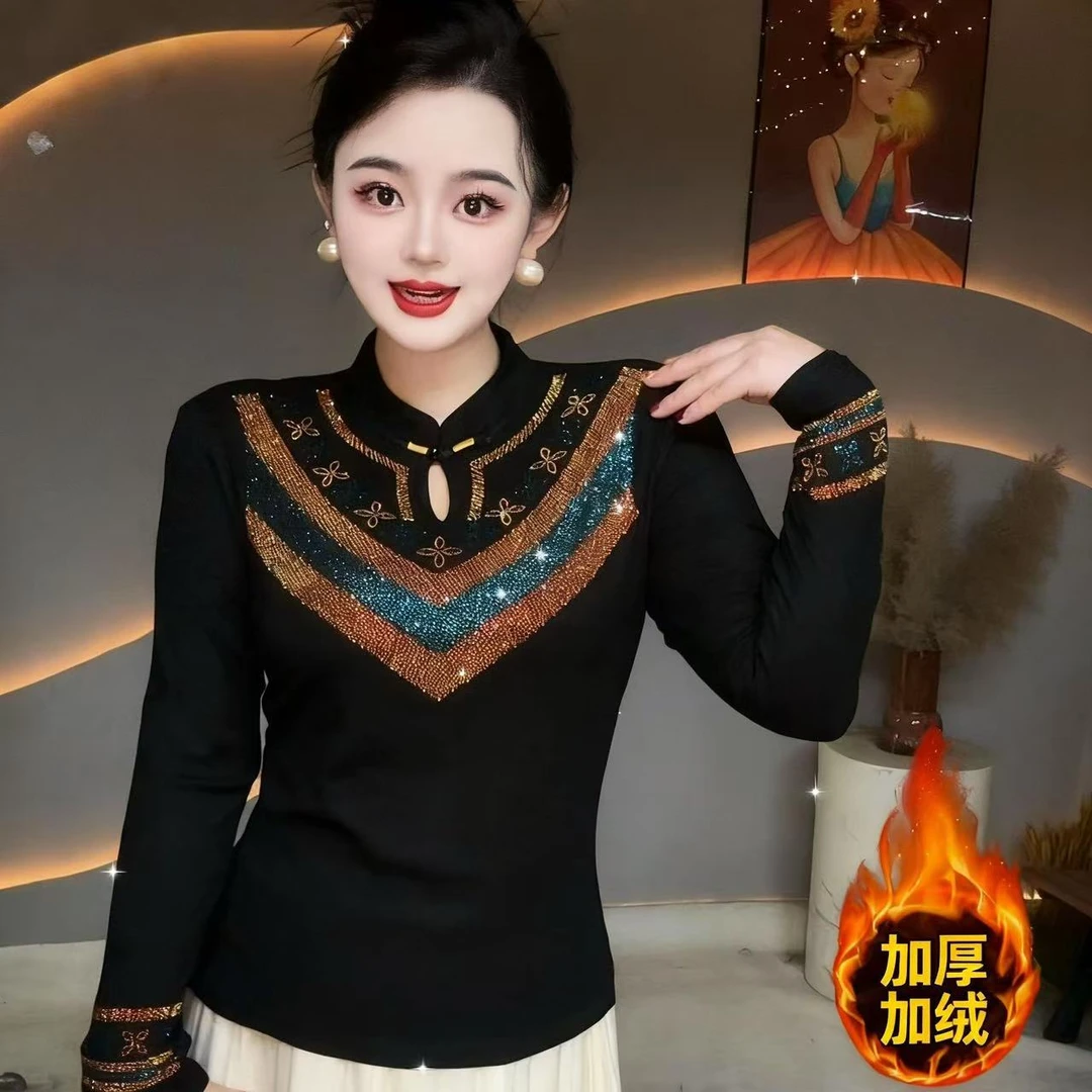 【锦绣年华】新中式国风旗袍领爆款洋气重工长袖加厚打底衫女