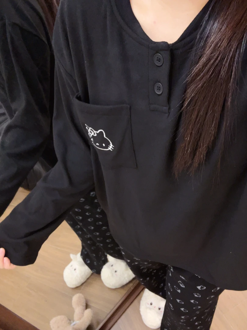 暗黑Kitty猫睡衣女秋冬季新款带胸垫德绒保暖学生可爱家居服套装