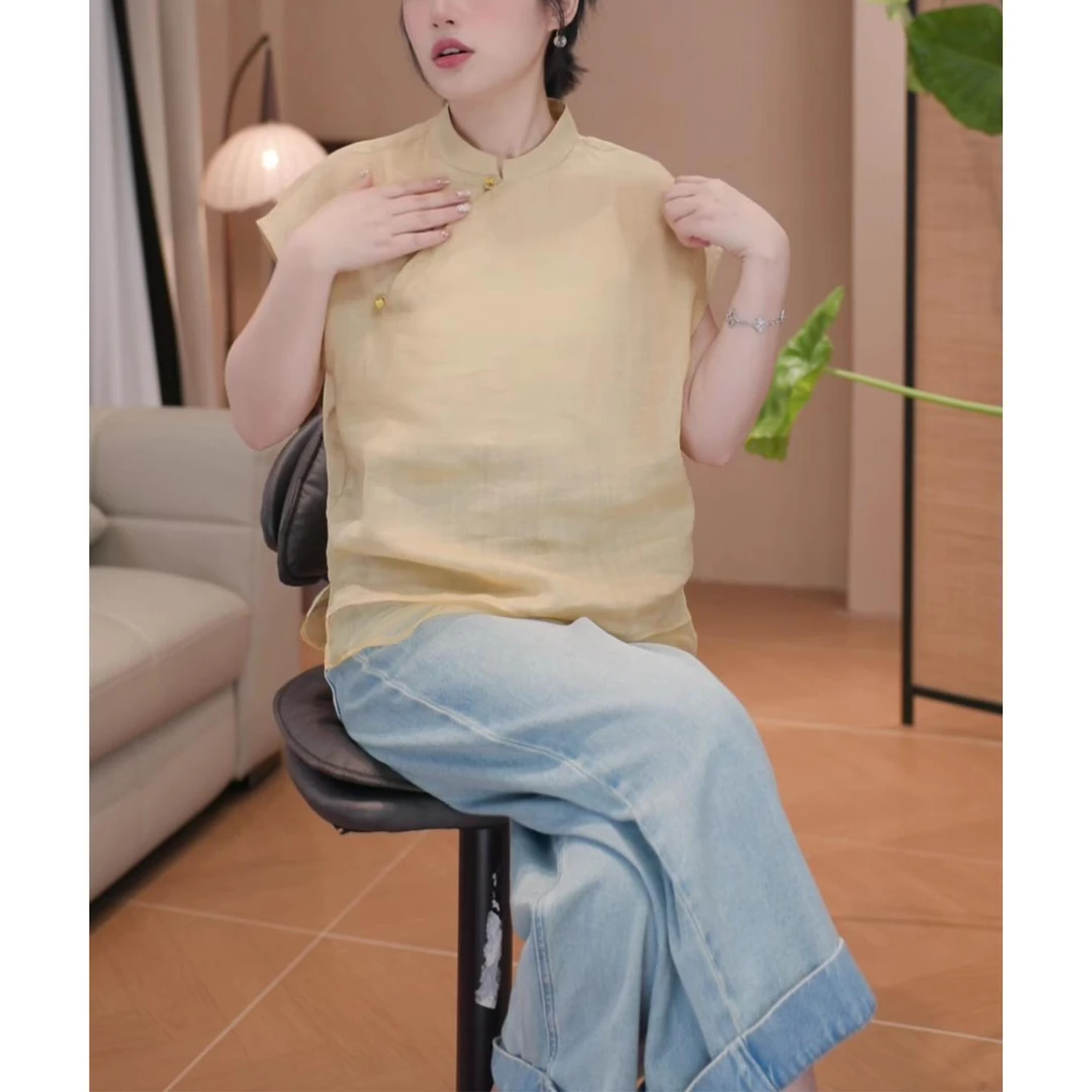 时尚新中式短袖上衣女2025年夏季新款气质显瘦国风立领飞飞袖衬衫