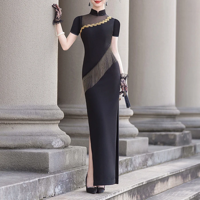 走秀旗袍2025新款弹力免烫高端舞台表演出服团队年轻黑色修身显瘦