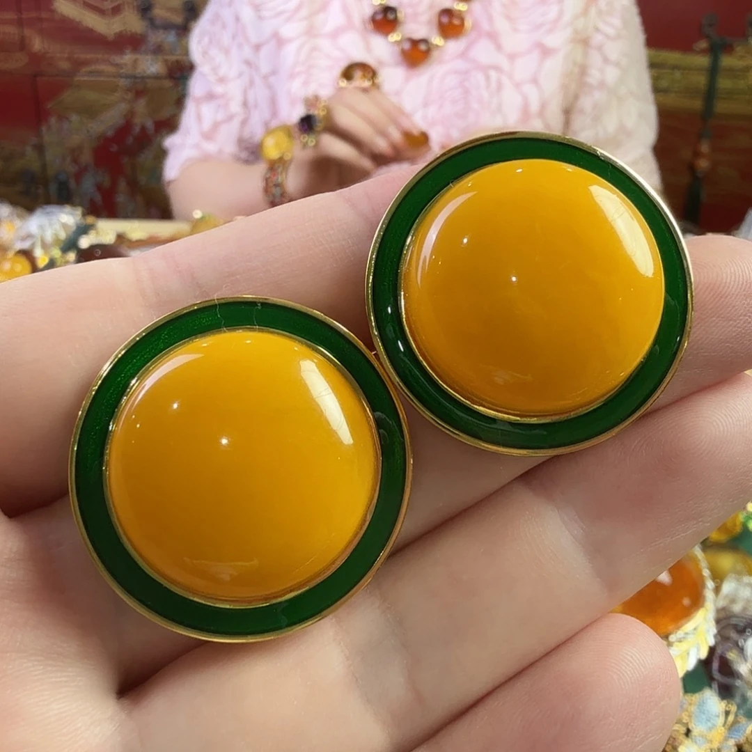 蜜蜡银S925镀金镶嵌耳钉